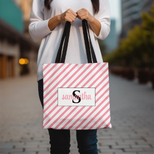 Initial Monogram Name Pink and White Tote Bag