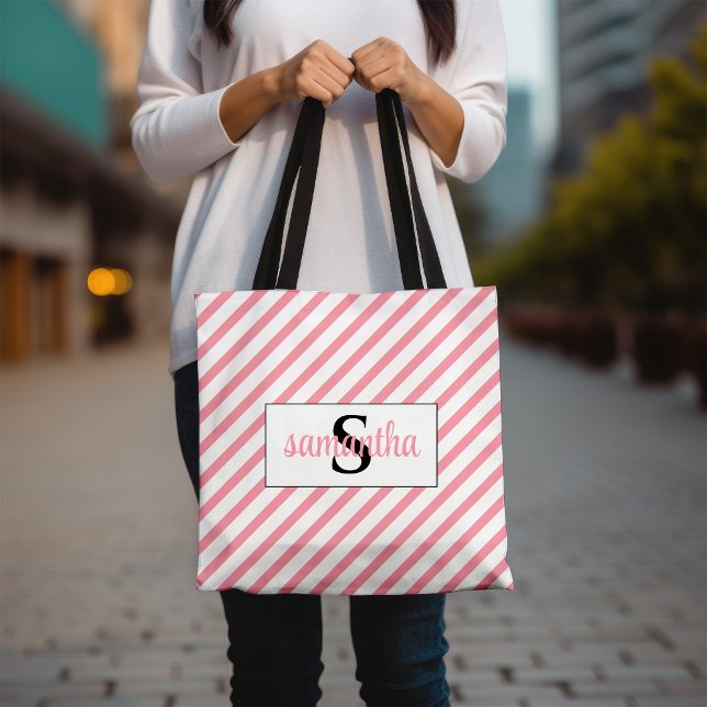 Initial Monogram Name Pink and White Tote Bag (Creator Uploaded)