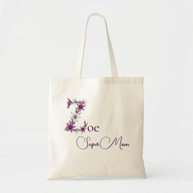 Initial Monogram + Name Super Mum Tote Bag (Front)