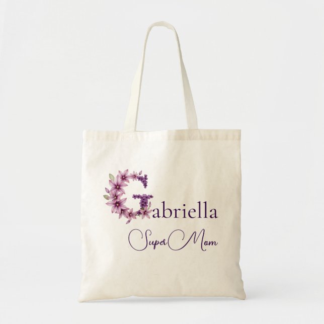 Initial Monogram + Name Super Mum Tote Bag (Front)