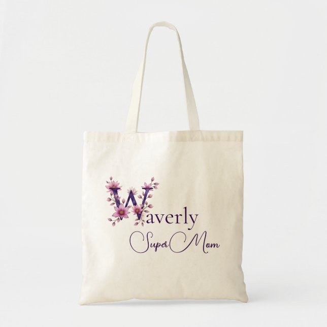 Initial Monogram + Name Super Mum Tote Bag (Front)