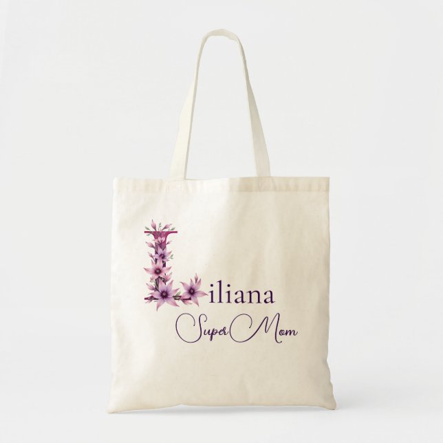 Initial Monogram + Name Super Mum Tote Bag (Front)