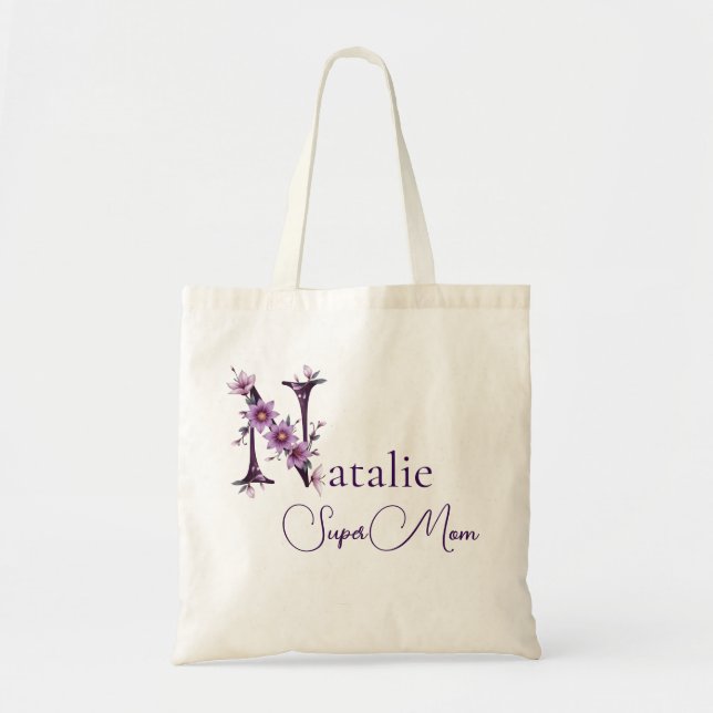 Initial Monogram + Name Super Mum Tote Bag (Front)