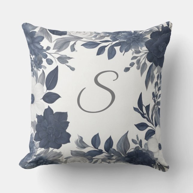 Initial Monogram Navy Blue Grey Farmhouse Floral Cushion (Front)