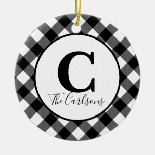 Initial Monogram Photo Black White Buffalo Plaid Ceramic Tree Decoration