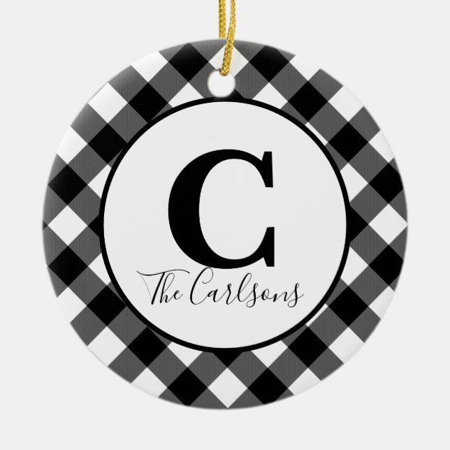 Initial Monogram Photo Black White Buffalo Plaid Ceramic Tree Decoration (Front)