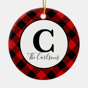 Initial Monogram Photo Red Black Buffalo Plaid Ceramic Tree Decoration
