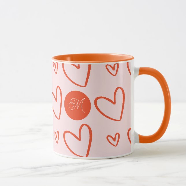 Initial monogram - pink orange and red hearts mug (Right)