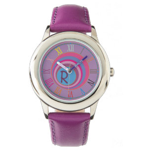 Initial Monogram Purple Pink Blue Clock Art Girly Watch