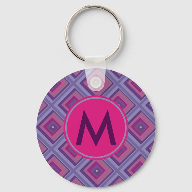 Initial Monogram Purple Pink Girly Diamond Chequer Key Ring (Front)
