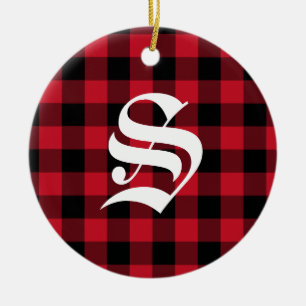 Initial Monogram Red Black Buffalo Check Plaid Ceramic Tree Decoration