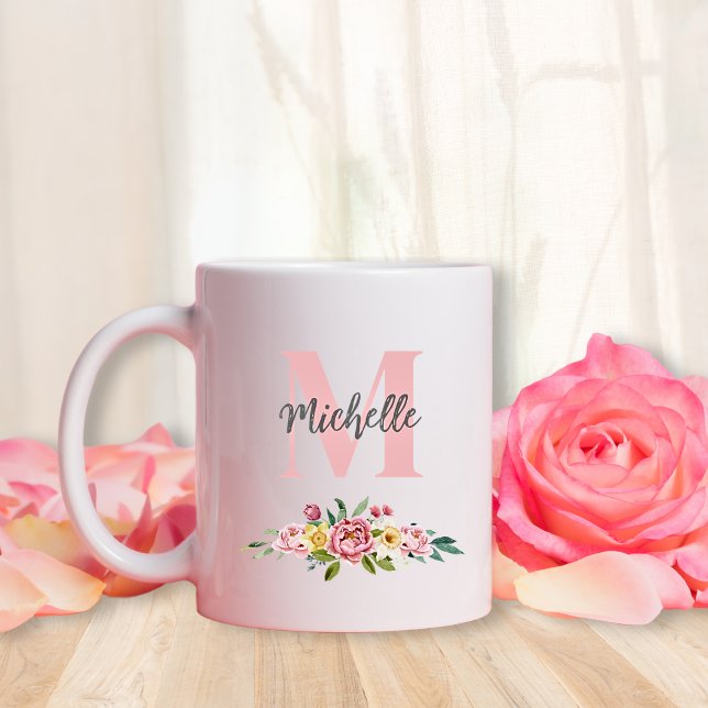 Initial Monogram Script Name Watercolor Flowers  Coffee Mug (Personalized Name With Initial Monogram Blush Pink and Watercolor Floral Bouquet Roses Carnation Mug)