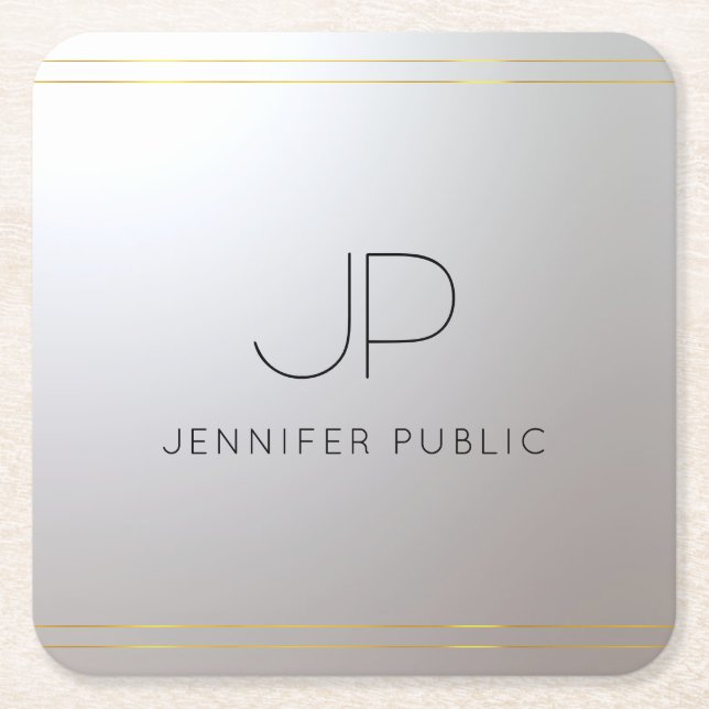 Initial Monogram Trendy Template Gold Silver Square Paper Coaster (Front)