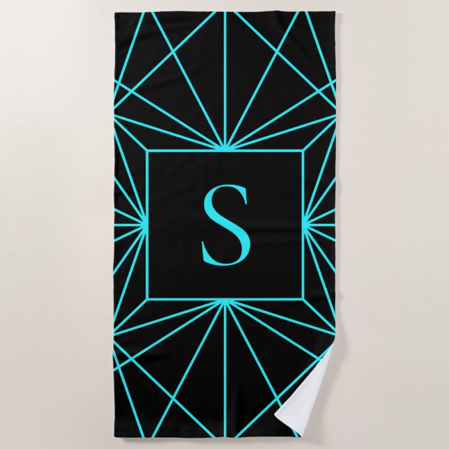 Initial Monogram | Turquoise Geometric Design Beach Towel (Front)