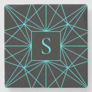 Initial Monogram   Turquoise Geometric Design Stone Coaster