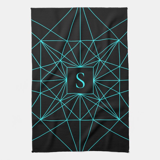 Initial Monogram | Turquoise Geometric Design Tea Towel (Vertical)