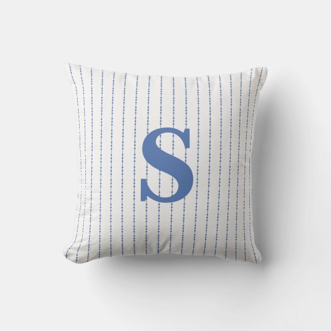 Initial Monogram White and Blue Dot Pinstripe Cushion (Front)