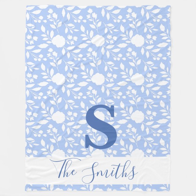 Initial Monogram White and Light Blue Fleece Blanket (Front)