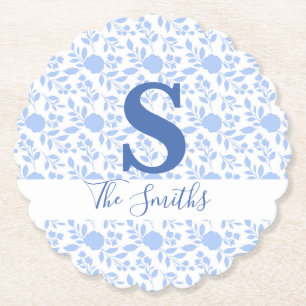 Initial Monogram White and Light Blue Paper Coaster