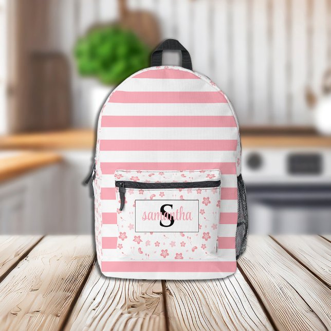 Initial Monogram with Pink Stripes and Flowers Printed Backpack (Creator Uploaded)