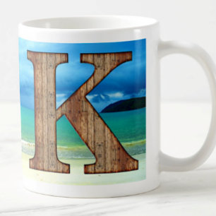 Initial Monogram Wooden Letter K Beach Ocean Scene Coffee Mug