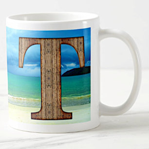 Initial Monogram Wooden Letter T Beach Ocean Scene Coffee Mug