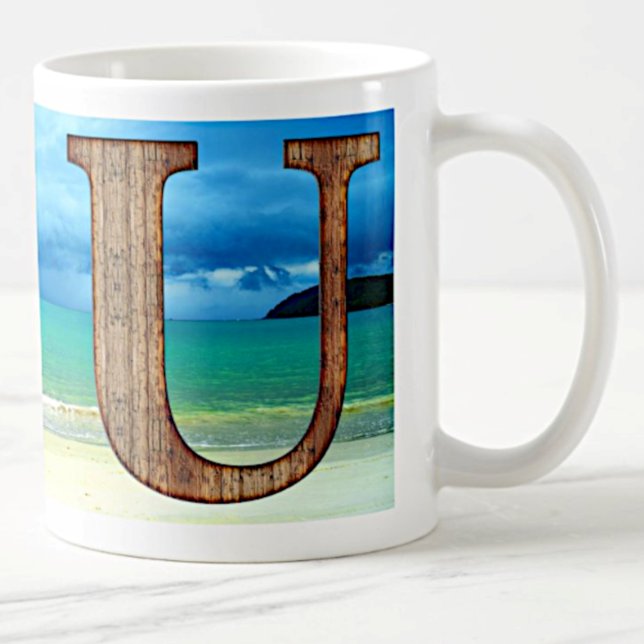 Initial Monogram Wooden Letter U Beach Ocean Scene Coffee Mug (Creator Uploaded)