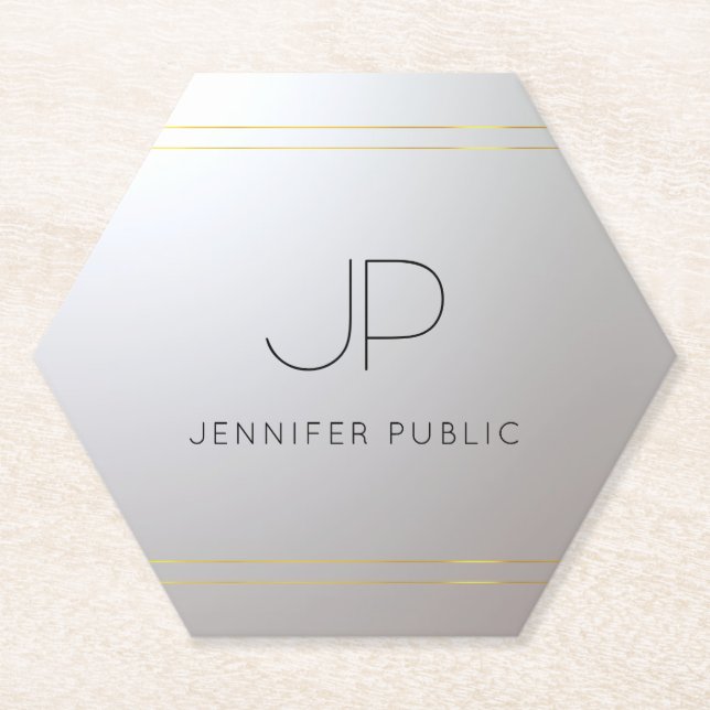 Initial Monogrammed Gold Silver Template Trendy Paper Coaster (Front)