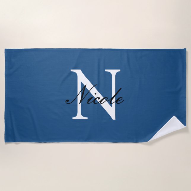 Initial Monogrammed Handwritten Own Name Blue Beach Towel (Front)