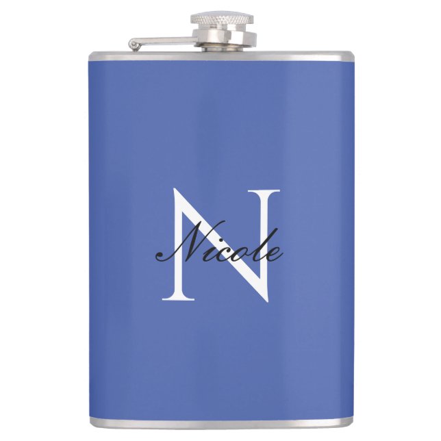 Initial Monogrammed Handwritten Own Name Blue Hip Flask (Front)