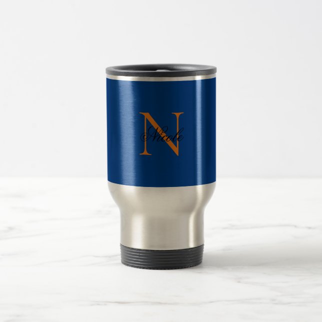 Initial Monogrammed Handwritten Own Name Deep Blue Travel Mug (Center)