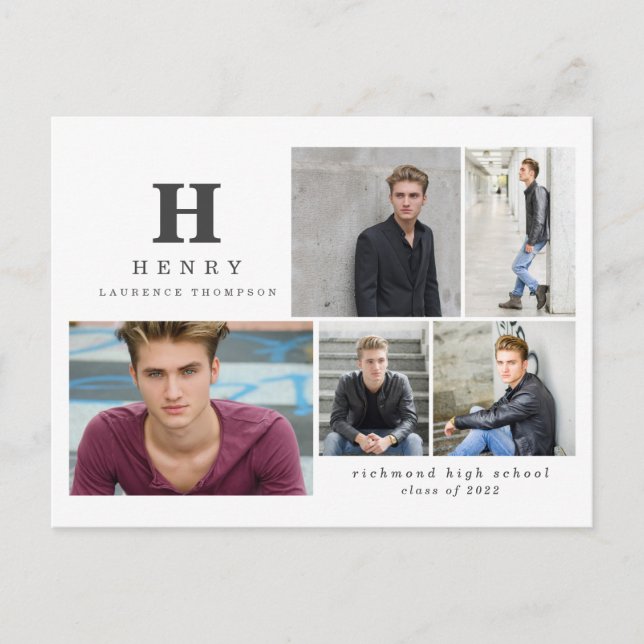 Initial multi photo graduate modern black white an holiday postcard (Front)
