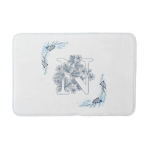 Initial "N" Blue Monogram Calm Floral Bath Mat