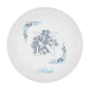 Initial "N" Blue Monogram Calm Floral Cutting Board