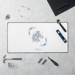 Initial "N" Blue Monogram Calm Floral Desk Mat