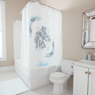 Initial "N" Blue Monogram Calm Floral Shower Curtain