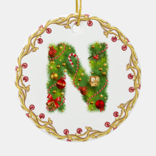 initial n monogrammed christmas ornament - circle