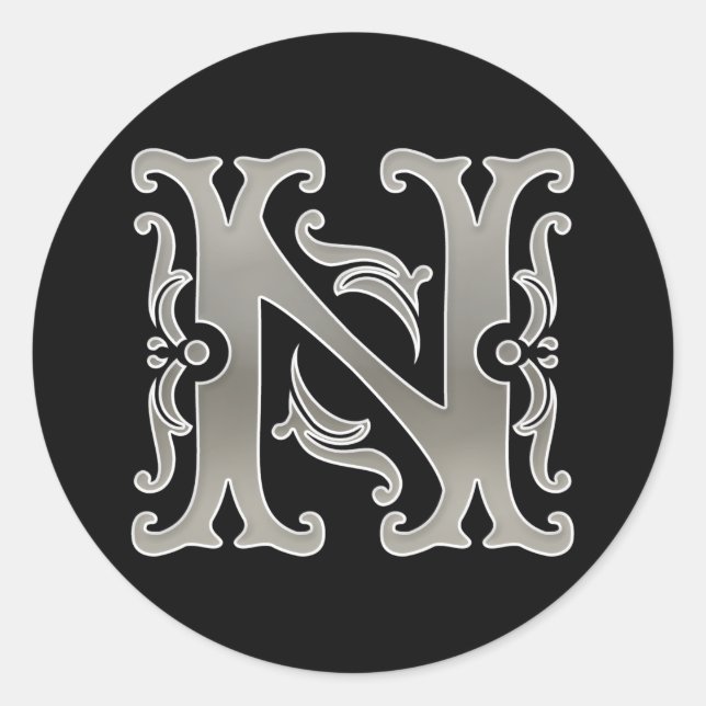 Initial N Round Sticker in silver (Front)