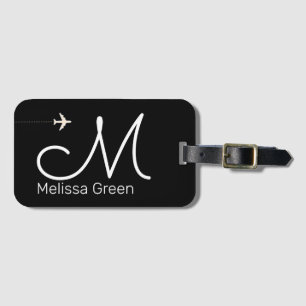 initial + name aeroplane blackandwhite luggage tag
