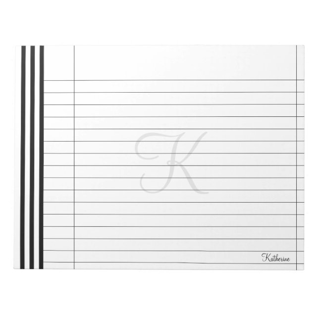 Initial & Name Black/White Simple Stripes Pattern Notepad (Front)