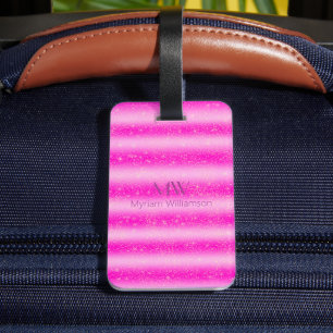Initial Name Pink Blush Glitter Stripes Luggage Tag