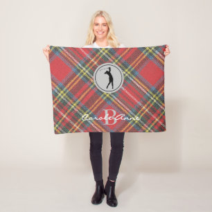 Initial Name Woman Golfer, Stewart Tartan Plaid Fleece Blanket