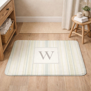 Initial Neutral Dusty Blue Stripe Rustic Farmhouse Bath Mat