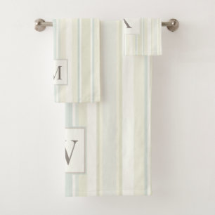 Initial Neutral Dusty Blue Stripe Rustic Farmhouse Bath Towel Set