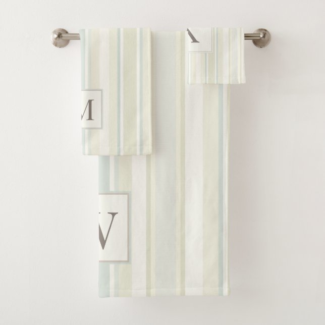 Initial Neutral Dusty Blue Stripe Rustic Farmhouse Bath Towel Set (Insitu)
