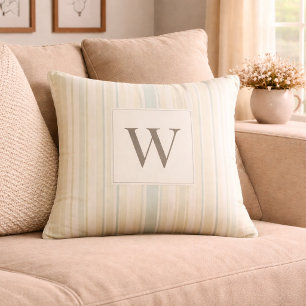 Initial Neutral Dusty Blue Stripe Rustic Farmhouse Cushion