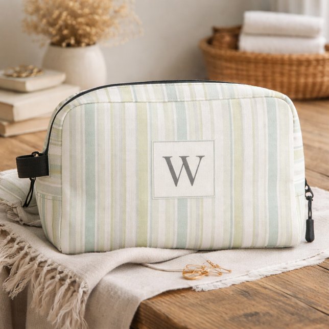 Initial Neutral Dusty Blue Stripe Rustic Farmhouse Dopp Kit (Creator Uploaded)