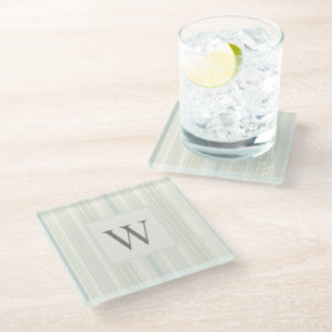Initial Neutral Dusty Blue Stripe Rustic Farmhouse Glass Coaster