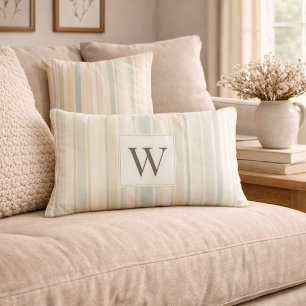 Initial Neutral Dusty Blue Stripe Rustic Farmhouse Lumbar Cushion