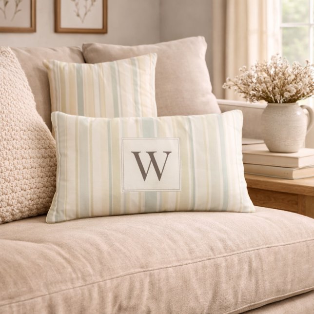 Initial Neutral Dusty Blue Stripe Rustic Farmhouse Lumbar Cushion (Creator Uploaded)